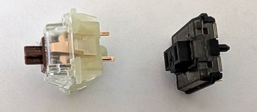 Left: Cherry MX Brown switch. Right: Ambients Silent Nocturnal Choc V1 switch.