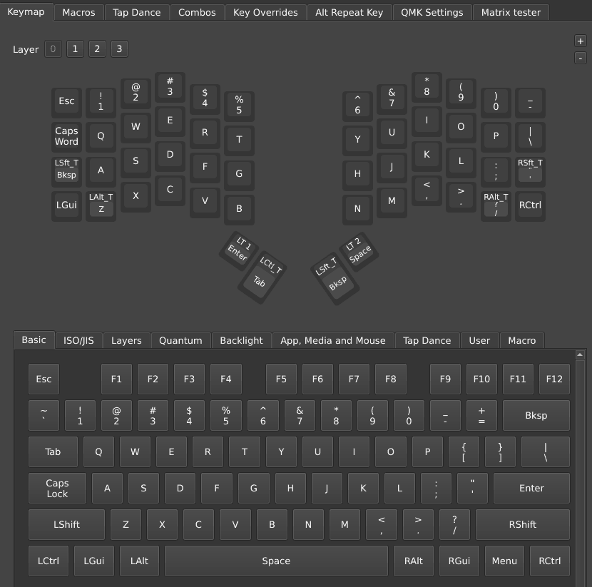 Vial configurator main keymap view, connected with a ZSA Voyager.