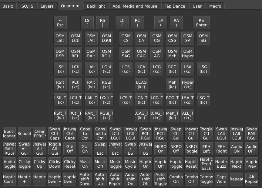 The Quantum tab hosts many advanced QMK features.